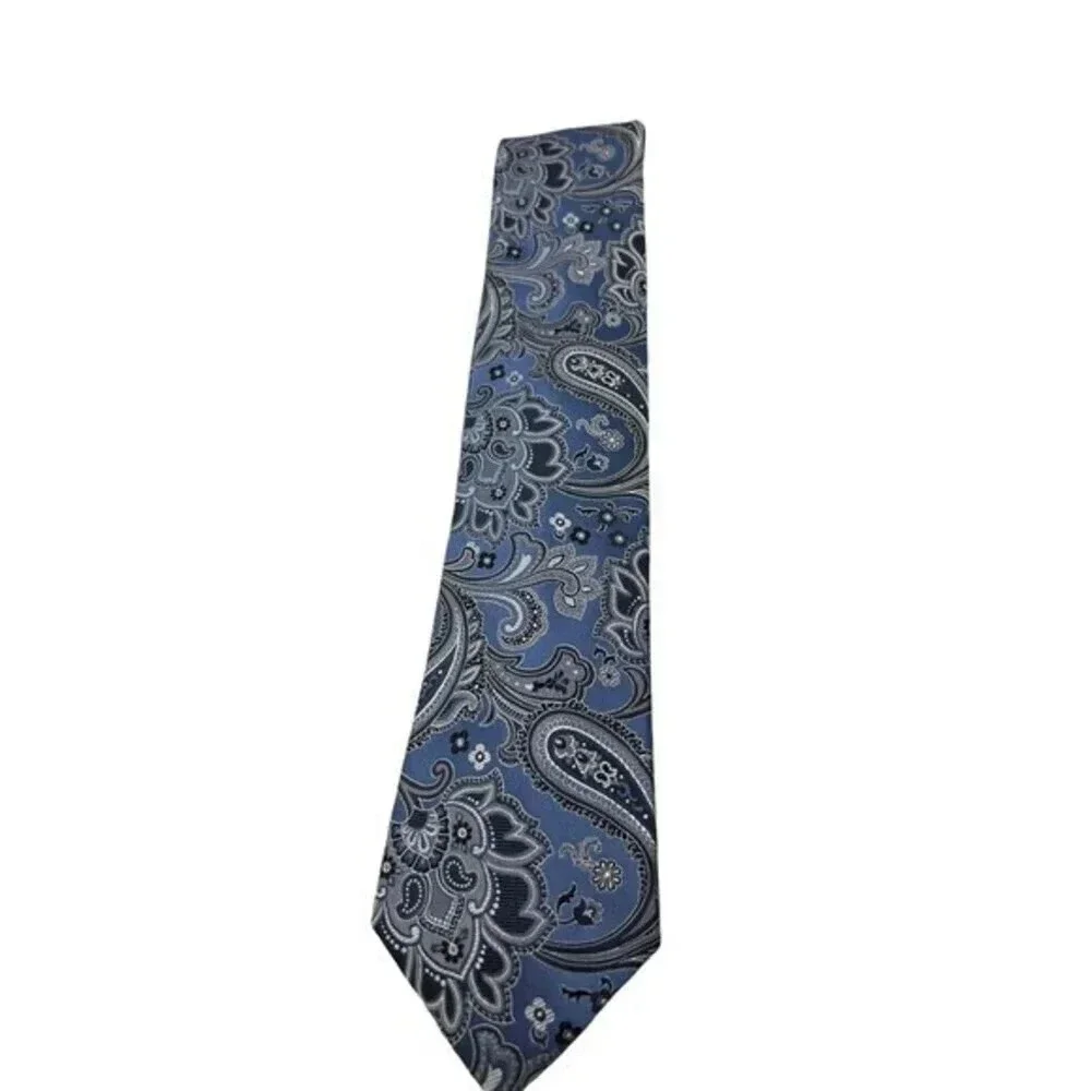 Merona 100% Silk Neck Tie Necktie‎ Slim Plaid Blue Paisley 3.5 x 58 inches​​​